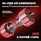 10 Gallon Ultra Quiet Air Compressor with Two Quick Couplers, 2HP 8.76 CFM@ 115PSI Oil-Free Air Compressor Tank, 110V/60hz, 70dB Air Compressor for Car Repair, Spray Painting, Woodwork Nailing