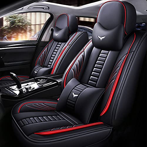 Full Set of Universal Fit Automotive Seat Covers fit for Volvo 1999-2025 95% Models, PU Leather Automobile Interior Sets with Headrest & Back Pillow Black & Red Line