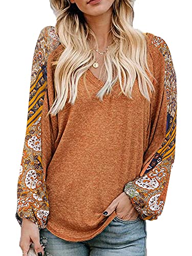 Beyove Bohemian Tops for Women Balloon Long Sleeve Shirts Western Cow Girl Hippie Clothes Brown M