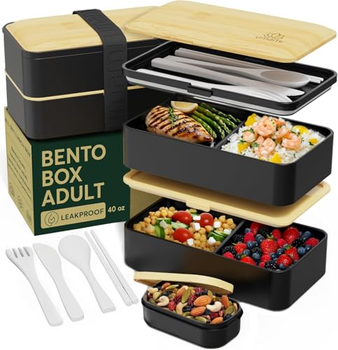 Umami Bento Box Adult All-In-1 w/4 Utensils, Big Sauce Jars, 2 Dividers, 100% Leakproof, Microwave & Dishwasher Safe, Stackable Bento Lunch Box Containers for Men/Women, Black & Bamboo, 40 oz