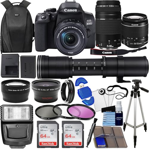 Canon EOS 850D (Rebel T8i) DSLR Camera w/ 18-55mm Lens + 75-300mm III Lens + 420-800mm Zoom Lens + Wide Angle Lens + Telephoto Lens + 128GB Memory + Case + Tripod + Filter Kit + Pro Bundle (Renewed)