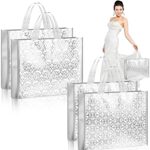 Sweetude 4 Pcs Extra Large Wedding Gift Bag 20 x 16 Inch Silver Giant Reusable Jumbo Non Woven Fabric Gift Bag with Handles for Birthday, Wedding, Bridal Shower, Baby Shower,Christmas or Any Occasion