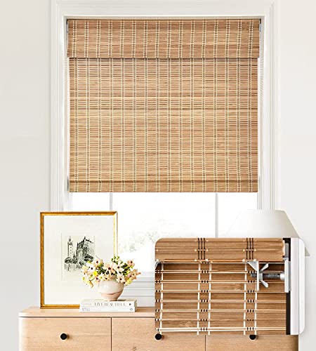 LazBlinds No Tools No Drill Cordless Bamboo Roman Shades, Light Filtering Window Treatment, Roll Up Bamboo Blinds for Window 34'' W x 64'' H, Brown