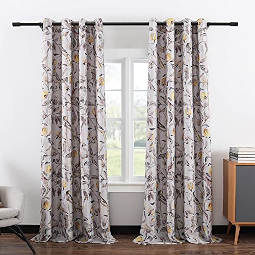 VOGOL Soundproof Polyester Bedroom Curtains, Plants and Sparrow Design Room Darkening Panels, 2 Pieces, Top Grommet, 52 x 96 Inch, Grey Branches