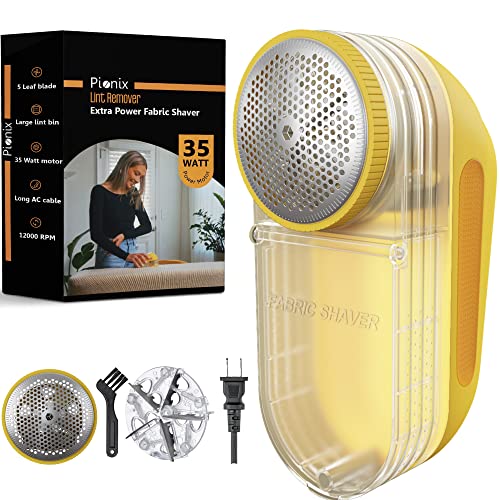 Pionix Extra Power Fabric Shaver - 35W Electric Lint Remover for Clothes/Upholstery/Furniture/Couch - Speed of 12000 RPM - Heavy Duty Sweater Shavers to Remove Pilling - Large Fuzz Remover Yellow