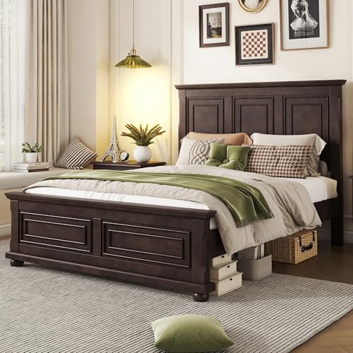 Mirightone King Size Platform Bed with Tall Headboard & Footboard, Pinewood King Bed Frame with Wood Panel Bed Base, No Squeak, No Box Spring Needed, Traditional Style, Brown