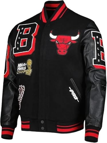 Outwear Legacy Men's Chicago Vintage Baseball Game Letterman Bull Black Wool & Leather Jacket (US, Alpha, XX-Large, Regular, Regular, Black)