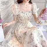 QNNGXX Summer French Vintage Floral Chiffon Dress Square Collar Puff Short Sleeve Ink Painting Dress Korean Dress (Color : White, Size : X-Large)