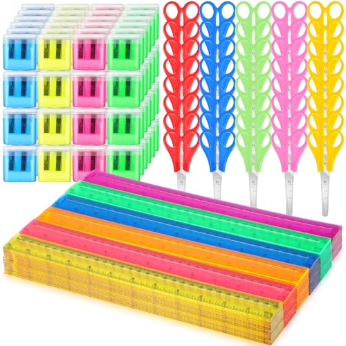 Sayglossy 240 Pcs School Supplies Kit for Kids Include 12 Inch Plastic Rulers Student Scissors Pencil Sharpeners for Classroom School Office Desk Accessories, Multicolor