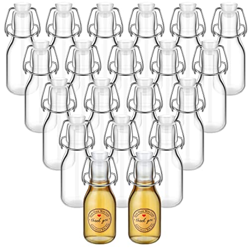 Queekay 20 Pcs Mini Flip Top Glass Bottle with Stoppers Decorative Swing Top Bottles with Lids Kraft Adhesive Round Stickers for Homemade Vanilla Extract Wedding Themed Party Favors
