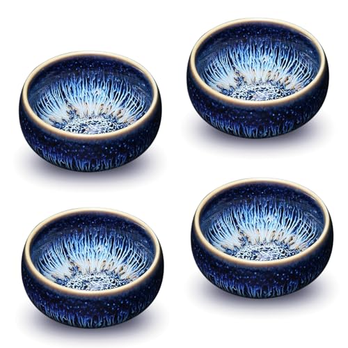 CmengAo Tenmokus Tea Cups, 4 Pcs Blue Starry Sky Glaze Jianzhan Tenmoku Tea Bowl, Chinese Small Ceramic Kungfu Tea Cup for Tea Ceremony or Everyday Use (3 oz)