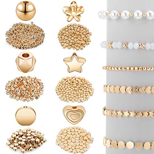 Hicarer 1200 Pieces Spacer Beads Set Star Round Ball Rondelle Faceted Spacer Heart Flower Flat Disc Loose Beads for Bracelet Charms Jewelry Making(Gold)