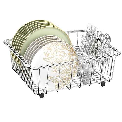 JAQ Dish Drying Rack in-Sink, 304 Stainless Steel Dish Drainer with Stainless Steel Silverware Holder Over Inside Sink-Adjustable 14.96" to 20.59" Maximium 13 Upright Dishes