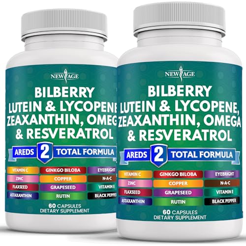 NEW AGE Eye Health Vitamins with Bilberry 300mg Lutein & Zeaxanthin 40mg Lycopene 40mg Resveratrol 100mg Grape Seed Extract 200mg Astaxanthin - Eye Vitamin -120 Count