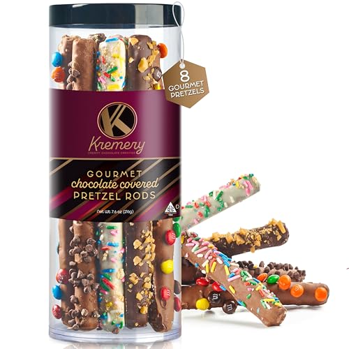 KREMERY Creamy Chocolate Cravings - Chocolate Covered Pretzel Rods Gift Basket, in Clear Tube (8 Pretzels, Assorted Sweet Toppings) Birthday Care Package - Kosher Dairy, USA Made