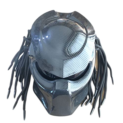 Predator Motorcycle Helmet Full Face Motorcycle Helmet Mask with Hair Braid and LED Light for Outdoor Riding or Club Parties and Cosplay Prop DOT Certified (M)