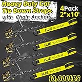 KJE 4 Pack Reflective Car Tie Down Straps for Trailers - Tire Ratchet Strap with Chain Anchors - 2" x 10' 10,000LBS Break Strength - Lasso Style Wheel Straps for Hauling UTV, SUV, Truck, Any Cars