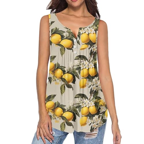 Irisjudy Yellow Lemons Women's Shirt Tank Top Plus Size 4XL, Fruits Lemon Printed Sleeveless Henley Shirts Casual Summer Blouse Tunic