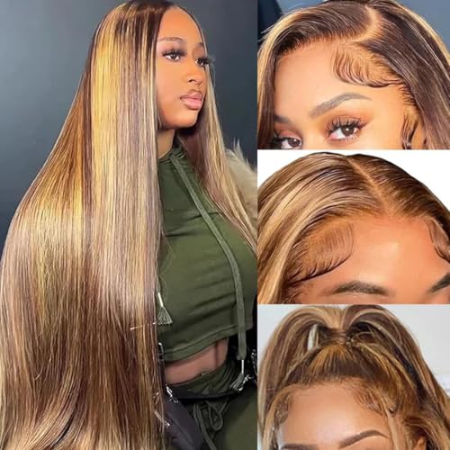 NARNI Honey Blonde Wig Human Hair 34 Inch Highlight Ombre 13x4 HD Lace Front Wigs Human Hair Pre Plucked 180% Density Glueless 4/27 Straight Lace Frontal Wigs Human Hair for Women