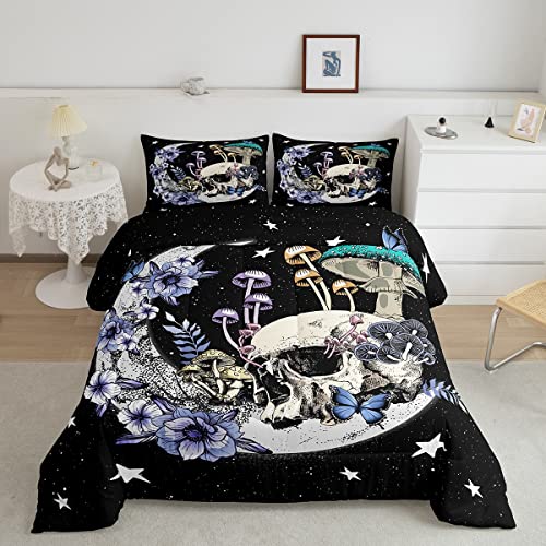 Star Moon Comforter Set Queen Size Mushroom Sugar Skull Bedding Set 3pcs for Kids Girls Boys Youth Bedroom Decor Exotic Plants Quilted Duvet Purple Flower Butterfly Duvet Insert,Black White