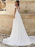 BEAUTFOR Beach Chiffon Wedding Dresses White for Women with Slit Cap Sleeve Lace Bohe Wedding Gowns for Bride 2024 with Train US Size 4