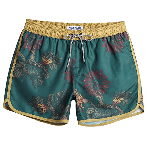 maamgic Mens Short 80s 90s Vintage Swim Trunks with Mesh Lining Quick Dry Bathing Suit Board Shorts Floral Dark Green Large