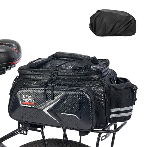 KEMIMOTO Hard Shell Bike Bag Rear Rack 20L Capacity, Carbon Leather Bicycle Trunk Bag with Waterproof Rain Cover for Grocery Shopping Commuter Cycling Trip (Upgraded Design)