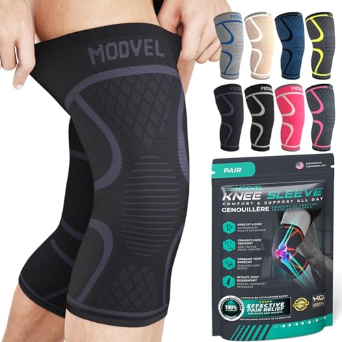 Modvel 2 Pack Knee Brace for Women & Men - Workout Knees Compression Sleeve for Knee Pain Relief Joint Support for ACL, Arthritis, Meniscus Tear Knees Brace for Sports, Rodilleras para Gym Fitness