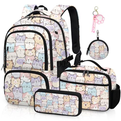 Labfen Cute Cat Backpack for Girls, Kids Cat Backpack with Lunch Box Pencil Case and Coin Purse, School Bookbag for Student