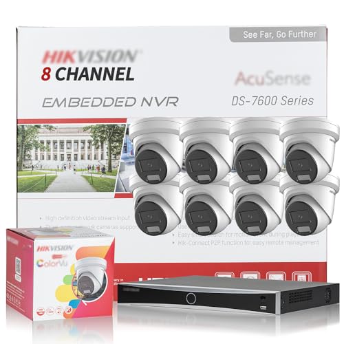 HIKV 8 Channel Security Camera System Kit, DS-7608NXI-K2/8P 8CH 4K Acu-Sense PoE NVR + 8 x DS-2CD2347G2H-LIU 4MP Smart Hybrid Light Color VU AI Detection VCA Turret IP Camera, Compatible for Hikvision