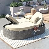 Outdoor Sun Bed Patio 2-Person Daybed with Cushions and Pillows, Rattan Garden Double Reclining Chaise Lounge with Adjustable Backrests and Foldable Cup Trays for Lawn, Poolside (Beige-3.9)