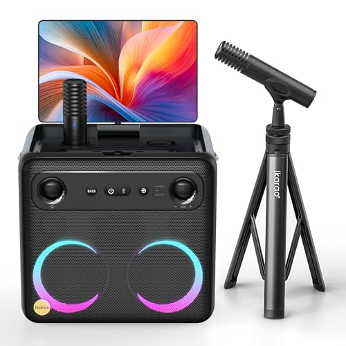 Ikarao Karaoke Machine with Microphone Stand, Portable Bluetooth Speaker for Party, Backyard, Karaoke System with 2 Wireless Microphone for Adults Kids, for Women, Men, Singing Lovers