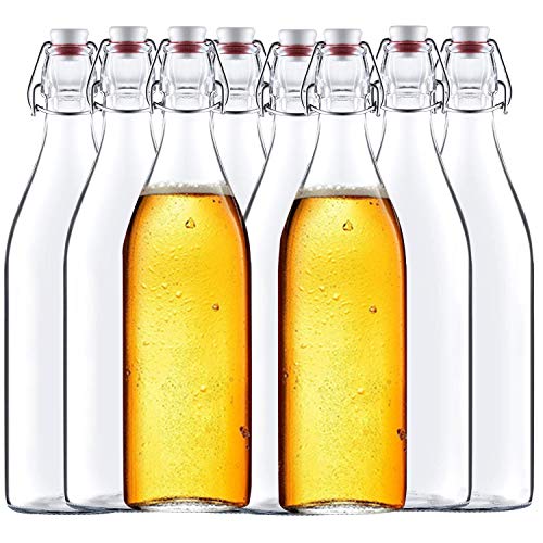Encheng 32 oz Clear Glass Bottles With Air Tight Lids, Easy Cap for Beer and Home Brewing, Kombucha With Stoppers, Swing Top for Beverages 8 Pack