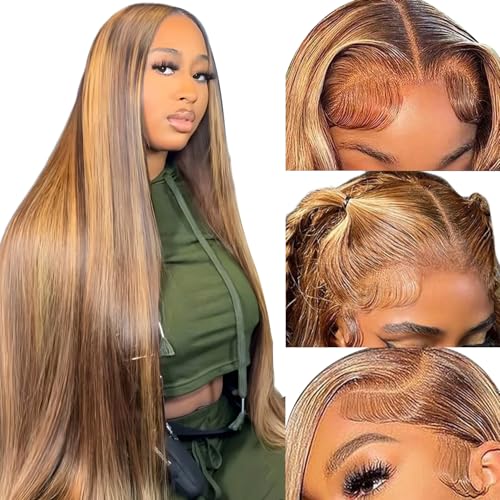 kocorose 34Inch Honey Blonde Ombre Lace Front Wig Human Hair Highlight Straight 13X6 HD Lace Front Wigs Human Hair Pre Plucked 200 Density HD Frontal Glueless Highlighted Wig Human Hair