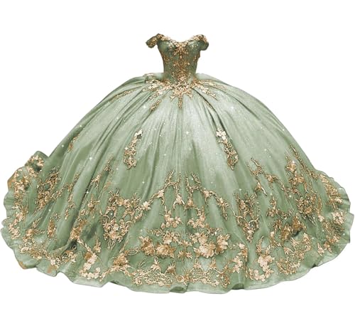 Mouccy Sage Sweetheart 15 16 Dresses with Bow Beaded Pearly Quince Dresses Ball Gown 2025 Off Shoulder Lace Gold Appliques Quinceanera Dresses 6
