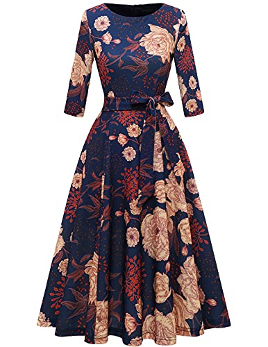 Vintage Tea Dress for Women, 50s Floral Cocktail Party Dresses, Modest Bridesmaid Dress for Wedding Guest, 3/4 Sleeves Formal Aline Church Dress, Fit Flare Prom Dress Navy Yellow Flower S