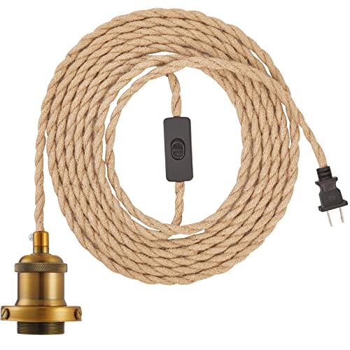 GNOLAK 15.4ft Pendant Light Cord Kit, Industrial Vintage Plug in E26 Socket Hanging Light with Switch, Hemp Rope Hanging Light Fixture for Pendant Lamp Farmhouse Lamp Cable DIY