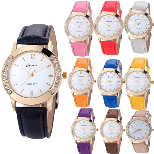 yunanwa 10 Pack Wholesale Women Watches Leather Rhinestone Inlaid Quartz Jelly Dress Wristwatch (10pcs-Leather Brand)