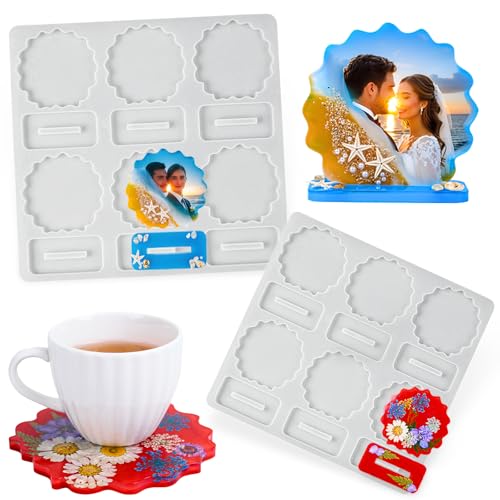 12-Cavity Photo Frame Molds 3in 4in Flower Shape Coaster Silicone Mold for Epoxy Resin Picture Frame Mould with Stand Holder DIY Art Craft Cup Mats Personalized Photo Frame Resin Casting Moulds