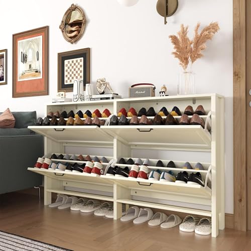 LOUVIXA Shoe Cabinet with 4 Flip Drawers, Narrow Shoe Storage Cabinet, Freestanding Shoe Cabinet Organizer, Hidden Shoe Rack Cabinet for Entryway, Hallway (4-Drawers, White/4-drawers)