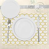 Ambesonne Yellow and White Place Mats Set of 4, Hexagonal Pattern Honeycomb Beehive Simplistic Geometrical Monochrome, Washable Fabric Placemats for Dining Table, Standard Size, Yellow and White