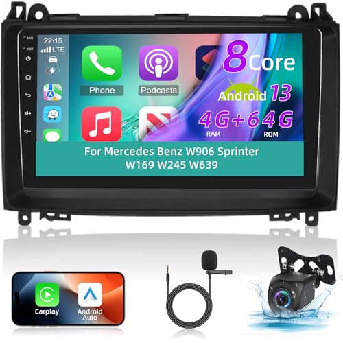 Car Radio for Mercedes Benz W906 Sprinter W169 W245 W639 Vito Viano - 8 Core Android 13 4+64G - 9 Inch Stereo with Wireless Carplay and Android Auto & 32EQ DSP + AHD Rear View Camera