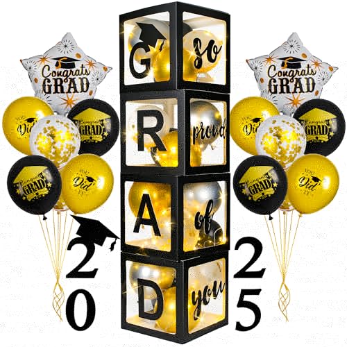 AYGXU Graduation Decorations Class of 2025-Graduation Party Decorations,Graduation Balloons Boxes with LED Light Strings & Letters 2025 GRAD So Proud of You,Party Favors For Any Grades.