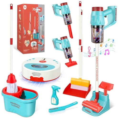 Hazms 10 Pcs Kids Cleaning Toy Set, 3-in-1 Kids Vacuum That Really Works, Toddler Broom and Cleaning Set for Kids Play Home Cleaning - Perfect Toddler Vacuum Toy Gifts for Boys & Girls Ages 3+