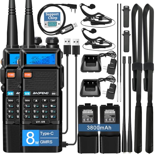 BAOFENG UV-5R Ham Radio Handheld: 8W Ham Radios Long Range UV5R Radio 3800mAh Rechargeable Walkie Talkies Two Way Radio with Programming Cable,Tactical Antenna and Earpiece for Survival Gear, 2 Pack