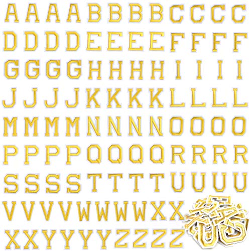 Coopay 104 Pieces Letter Iron on Patches, Alphabet Sew on Appliques with Embroidered Patch A-Z Letter Badge Decorate Repair Patches for Jeans, Shirts, Hats, Shoes, Bags Clothing Supplies (Gold)
