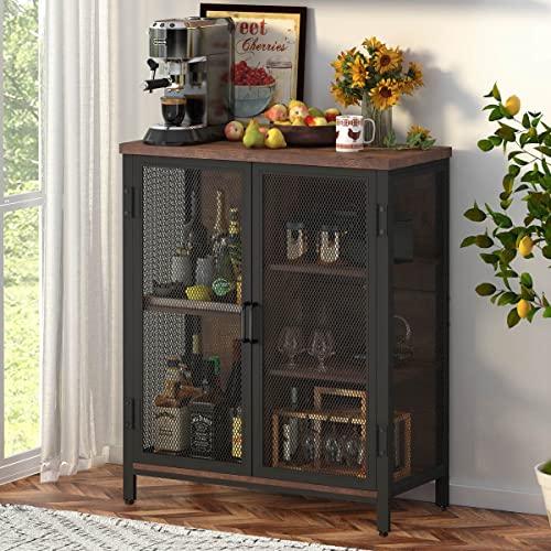 BON AUGURE Coffee Bar Cabinet for Liquor, Small Storage Cabinet for Home Kitchen, Farmhouse Buffet Sideboard Table Station, Whiskey Alcohol Cabinets for Dining Living Room (2 Doors, Rustic Oak)