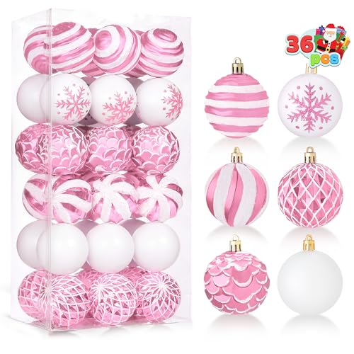 Joiedomi 36 Pcs Pink and White Christmas Ball Ornaments Set, 2.36” Shatterproof Christmas Tree Ornaments, Xmas Hanging Decoration for Tree Present Banister Wreath Garland Indoor Party Supplies