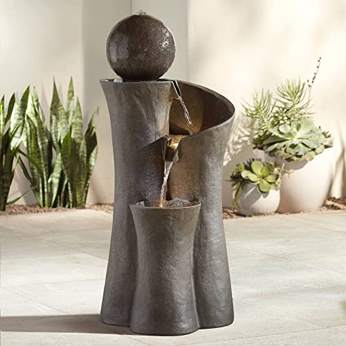 Modern Sphere Curve Zen Outdoor Floor Bubbler Water Fountain 39 1/2" High with LED Light Cascading for Garden Patio Yard Deck Home Lawn Porch House Relaxation Exterior Balcony - John Timberland