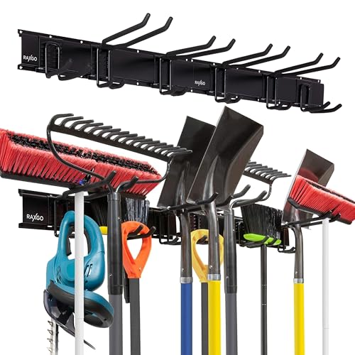 Tool Storage Rack, 8 Piece Garage Organizer, Metal, Wall mounted, Holder for Broom, Mop, Rake Shovel & Tools, By RaxGo